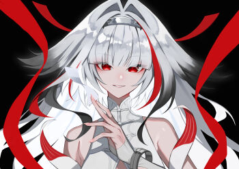 1girl absurdres alternate_form animal_ears bare_shoulders black_background black_hair china_dress chinese_clothes commentary dress droopy_ears fingernails gradient_hair hairband highres kurenairan77 long_hair looking_at_viewer metal_bracelet multicolored_hair parted_lips pink_nails portrait red_eyes red_hair red_ribbon ribbon solo symbol-only_commentary very_long_hair white_dress white_hair white_hairband ye_shunguang zenless_zone_zero