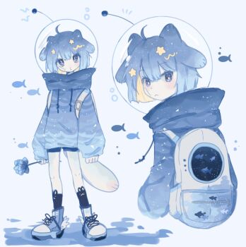 Rule 34 | 1girl, animal ears, backpack, bag, blue eyes, blue hair, blue hoodie, blue theme, bob cut, colored inner hair, commentary, english commentary, fish, fishbowl helmet, highres, hood, hoodie, long sleeves, multicolored hair, multiple views, neku boo, original, radio antenna, seal girl, shoes, short hair, sneakers, standing, tail