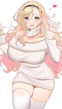 1girl :d black_hairband blonde_hair blue_eyes blue_nails blush breasts collarbone cowboy_shot detached_collar dress fingernails gradient_hair hairband hands_up hataraki_kuma heart highres large_breasts long_fingernails long_hair long_sleeves multicolored_hair nail_polish off-shoulder_dress off_shoulder open_mouth original pink_hair simple_background smile solo sweater sweater_dress thighhighs very_long_hair white_background white_dress white_thighhighs zettai_ryouiki
