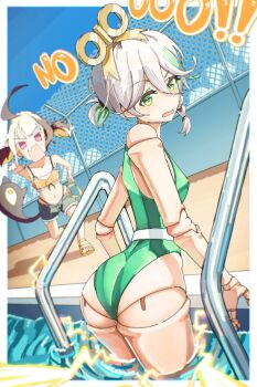 2girls ahoge alternate_costume ass bikini bikini_bottom_under_shorts bikini_under_clothes blue_sky braid brown_hair cecilia_immergreen chain-link_fence cloud denim denim_shorts doll_joints electricity english_text fang fence flip-flops from_behind gigi_murin good_ass_day green_eyes green_hair green_one-piece_swimsuit grey_hair hair_between_eyes hashtag-only_commentary highres hololive hololive_english hoot_hoot_owl huge_ahoge joints looking_at_viewer multiple_girls navel one-piece_swimsuit pointing pointing_at_viewer pool pool_ladder poolside sandals shorts skin_fang sky solid_eyes stomach striped_hair swimsuit tail twintails virtual_youtuber water