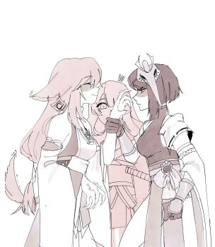 3girls angry animal_ear_piercing animal_ears arm_guards bare_shoulders blunt_bangs bucumberr closed_eyes commentary detached_sleeves english_commentary fff_threesome fingernails fox_ears fox_girl from_side genshin_impact glaring group_sex hair_between_eyes highres holding_another's_wrist japanese_clothes jewelry kimono kujou_sara long_hair long_sleeves mask mask_on_head monochrome multiple_girls pendant raiden_shogun sash shade shaded_face sharp_fingernails short_hair short_sleeves simple_background sketch standing surprised swept_bangs tank_top threesome upper_body white_background yae_miko yuri