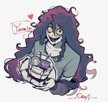 1boy :d artist_self-insert black_hair blush cake candle constricted_pupils crazy_grin curly_hair english_text food grey_shirt hair_over_shoulder heart heart_in_mouth highres holding holding_cake holding_food incoming_gift john_doe_(visual_novel) john_doe_(visual_novel)_(character) kana_(kanaice) long_hair looking_at_viewer male_focus messy_hair multiple_scars open_mouth scar scar_on_arm shirt smile solo speech_bubble upper_body very_long_hair