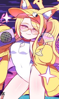1girl animal_ear_fluff animal_ears blonde_hair blue_archive breasts clothing_cutout cocktail_glass commentary_request contrapposto covered_navel cross_halo cup diamond_cutout drinking_glass fox_ears fox_girl fox_tail halo highleg highleg_one-piece_swimsuit jacket korean_commentary long_hair microphone official_alternate_costume official_alternate_hairstyle one-piece_swimsuit orange-tinted_eyewear orange_eyes purple_background seia_(blue_archive) seia_(swimsuit)_(blue_archive) shasa2456 side_ponytail small_breasts smile solo sunglasses swimsuit tail tinted_eyewear visor_cap white_one-piece_swimsuit yellow_halo yellow_jacket yellow_visor