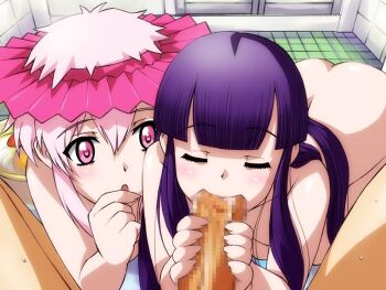 00s 1boy 2girls :o all_fours artemis ass back bathroom blue_eyes blush bucket censored fang fellatio hat hazuki_(tsukuyomi) loli long_hair multiple_girls nude open_mouth oral penis pink_eyes pink_hair pov purple_hair sameha_ikuya short_hair siblings sisters spread_legs surprised sweat tears tsukuyomi_moonphase