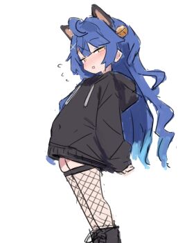 Rule 34 | 1girl, amamiya kokoro, animal ears, bell, black boots, black hoodie, blue hair, blush, boots, cat ears, commentary, covered navel, fishnet thighhighs, fishnets, hair bell, hair ornament, highres, hood, hoodie, long hair, looking at viewer, nijisanji, sa ka (sakanoya), simple background, solo, thighhighs, white background, yellow eyes