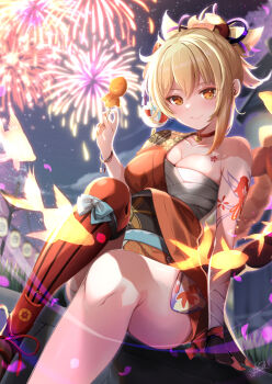 Rule 34 | 1girl, arm tattoo, azuma yuki, bandaged arm, bandages, blonde hair, breasts, butterfly choker, chest sarashi, chest tattoo, choker, dutch angle, fingerless gloves, fireworks, fish tattoo, flower tattoo, genshin impact, gloves, highres, japanese clothes, kimono, large breasts, looking at viewer, orange kimono, red choker, rope, sarashi, shimenawa, short hair, single fingerless glove, smile, solo, tattoo, yellow eyes, yoimiya (genshin impact)