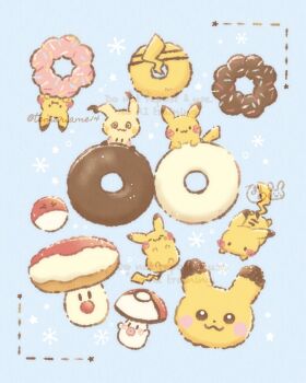 Rule 34 | blue background, blush, character-themed food, closed eyes, closed mouth, commentary request, donut, eating, food, food focus, foongus, gen 1 pokemon, gen 5 pokemon, gen 7 pokemon, highres, mimikyu, nintendo, no humans, pikachu, pokemon, pokemon (creature), pokemon focus, smile, temariame14, twitter username, voltorb