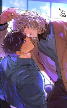 Rule 34 | 2boys, absurdres, alternate universe, badeni, bae (baebae), black pants, black shirt, blonde hair, blue jacket, brown hair, brown jacket, chi.: chikyuu no undou ni tsuite, collared shirt, commentary request, dated, eyepatch, grey eyes, grey sweater, hair between eyes, highres, jacket, korean commentary, looking at another, male focus, medical eyepatch, medium hair, multiple boys, oczy, pants, parted lips, scar, scar on face, scar on mouth, scar on nose, shirt, shirt under sweater, short hair, suit jacket, sweatdrop, sweater, yaoi