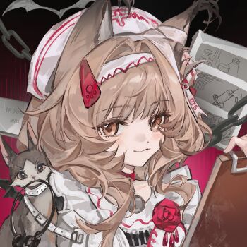 1girl absurdres animal_ears apron arknights black_wings blush brown_cat brown_eyes brown_hair cat cat_ears cat_girl chinese_commentary choker clipboard closed_mouth collarbone commentary_request dress frilled_apron frilled_dress frills hair_over_shoulder hat haze_(arknights) haze_(the_nursing_home_creepshow)_(arknights) highres holding holding_clipboard light_smile long_hair looking_at_viewer nurse nurse_cap portrait red_choker shaokao_lajitong solo white_hat wings