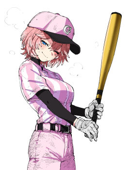 1girl baseball_bat baseball_cap baseball_uniform belt blue_eyes blush breasts cowboy_shot gloves hair_between_eyes hat henriiku_(ahemaru) highres holding holding_baseball_bat hololive large_breasts layered_sleeves long_sleeves looking_at_viewer one_eye_closed pants pink_hair pink_hat pink_pants pink_shirt shirt short_hair short_over_long_sleeves short_sleeves simple_background smile solo sportswear steaming_body striped_clothes striped_shirt sweat takane_lui two-tone_shirt undershirt vertical-striped_clothes vertical-striped_shirt virtual_youtuber white_background white_gloves white_shirt