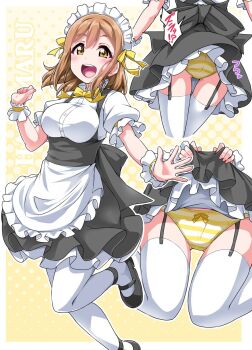 Rule 34 | 1girl, :d, ankle strap, apron, ass, back bow, black dress, black footwear, blush, bow, bow panties, breasts, brown hair, character name, clenched hand, clothes lift, commentary request, dress, dress lift, frilled sleeves, frills, garter straps, hair ribbon, halftone, halftone background, highres, kunikida hanamaru, lifting own clothes, love live!, love live! sunshine!!, maid, maid headdress, mary janes, medium breasts, multiple views, neck ribbon, open mouth, panties, pinafore dress, ribbon, shirt, shoes, short sleeves, sitting, sleeveless, sleeveless dress, smile, standing, standing on one leg, striped clothes, striped panties, thighhighs, underbust, underwear, waist apron, white apron, white shirt, white thighhighs, wrist cuffs, wrist extended, yellow background, yellow bow, yellow eyes, yellow neckwear, yellow panties, yopparai oni