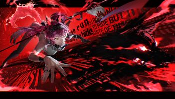 1girl absurdres armor black_bow bodysuit boots bow breastplate breasts collar english_text fangs grin hair_between_eyes hair_bow hairband highres holding holding_polearm holding_weapon large_breasts lupa_(wuthering_waves) metal_collar metal_hairband pink_hair polearm red_nails red_tail smile solo tail team.achv thigh_boots twintails two-handed weapon white_bodysuit white_boots wolf_girl wolf_tail wuthering_waves yellow_eyes