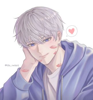 absurdres bite_mark blue_eyes blue_hoodie blush commentary grey_hair hair_between_eyes heart highres hood hoodie lipstick_mark looking_at_viewer love_and_deepspace shirt speech_bubble ssh_rabbit symbol-only_commentary watermark white_background white_shirt xavier_(love_and_deepspace)