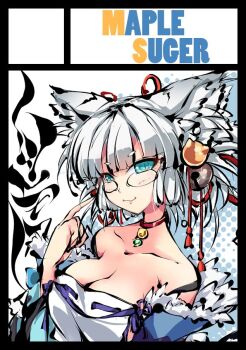 1girl :3 animal_ears aqua_eyes bare_shoulders black_border blunt_bangs border breasts byakko_(himegami_kagura) choker circle_cut circle_name cleavage collarbone commentary_request detached_sleeves genderswap genderswap_(mtf) half-closed_eyes himegami_kagura large_breasts long_sleeves looking_at_viewer ms06s official_art pointing pointing_at_self purple_ribbon red_choker ribbon ribbon-trimmed_clothes ribbon_trim simple_background smile solo strapless tiger_ears tiger_girl upper_body white_background wide_sleeves