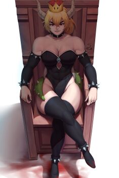 1girl abs absurdres armlet bare_shoulders black_footwear black_sleeves black_thighhighs bowsette bracelet breasts brooch cleavage collar collarbone covered_abs covered_navel crossed_bangs crossed_legs detached_sleeves female_focus full_body high_heels highleg highleg_leotard highres horns jewelry large_breasts leotard looking_at_viewer mario_(series) medium_hair mismatched_eyebrows muscular muscular_female new_super_mario_bros._u_deluxe nintendo ponytail red_eyes sitting solo speedl00ver spiked_anklet spiked_armlet spiked_bracelet spiked_collar spiked_tail spikes super_crown tail thick_eyebrows thick_thighs thighhighs thighs throne turtle_shell