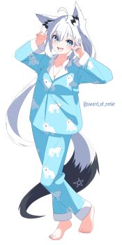 1girl absurdres ahoge alternate_costume animal_ear_fluff animal_ears animal_print barefoot blue_eyes blue_pajamas blue_pants blue_shirt blush braid commentary_request double_fox_shadow_puppet earrings fox_ears fox_girl fox_print fox_shadow_puppet fox_tail full_body hands_up highres hololive jewelry long_hair low_ponytail murasame_(sword_of_nmkr) pajamas pants ponytail revision shirakami_fubuki shirt side_braid sidelocks simple_background single_earring solo tail twitter_username virtual_youtuber white_background white_hair