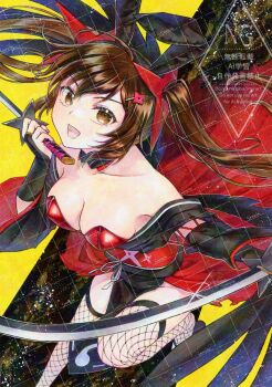 1girl alternate_costume alto2019 animal_ear_hairband animal_ears black_choker breasts bridal_gauntlets brown_eyes brown_hair choker cleavage collarbone commentary_request dual_wielding fake_animal_ears fishnet_thighhighs fishnets glint hairband highres himekaidou_hatate holding holding_sword holding_weapon leg_up leotard long_hair looking_at_viewer nontraditional_playboy_bunny open_mouth pelvic_curtain pink_nails rabbit_ear_hairband rabbit_ears red_leotard sample_watermark shuriken_hair_ornament side_slit signature smile solo sword thighhighs touhou touhou_lostword twintails very_long_hair watermark watermark_grid weapon wings