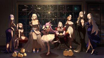 6+girls absurdres ass azur_lane belfast_(azur_lane) belfast_(the_noble_attendant)_(azur_lane) black_choker black_dress black_sailor_collar blue_eyes blue_gemstone bow breasts center_opening champagne_flute choker cleavage coat coat_on_shoulders cocktail_dress cup dido_(anxious_bisque_doll)_(azur_lane) dido_(azur_lane) dress dress_bow dress_flower dress_straps drinking_glass elbow_gloves enterprise_(azur_lane) enterprise_(heroic_finery)_(azur_lane) evening_gown feather_dress feather_hair_ornament feathers firework_background fireworks flower formidable_(azur_lane) formidable_(timeless_classics)_(azur_lane) from_behind fur-trimmed_coat fur_trim gem gloves grey_hair hair_bun hair_ornament hair_over_shoulder hair_ribbon hair_wings hairband halter_dress halterneck high_heels highres holding holding_cup hood_(azur_lane) hood_(dawnlight&#039;s_dame)_(azur_lane) illustrious_(azur_lane) illustrious_(illustrious_ball)_(azur_lane) indoors jewelry large_breasts leg_up light_brown_hair light_purple_hair long_dress long_hair long_skirt looking_at_viewer looking_back manjuu_(azur_lane) mature_female medium_breasts multiple_girls necklace night official_alternate_costume open_clothes open_coat open_mouth pelvic_curtain purple_dress purple_footwear purple_gloves purple_hairband red_eyes ribbon sailor_collar serelith shoes single_side_bun sitting skirt sleeveless sleeveless_dress standing standing_on_one_leg stiletto_heels strapless strapless_dress stuffed_winged_unicorn teeth thighhighs twintails two-tone_dress two-tone_ribbon unicorn_(a_dream_of_pure_vows)_(azur_lane) unicorn_(azur_lane) upper_teeth_only very_long_hair white_coat white_dress white_footwear white_gloves white_hair white_skirt white_thighhighs winged_unicorn yorktown_(azur_lane) yorktown_(evening_i_can&#039;t_remember)_(azur_lane)