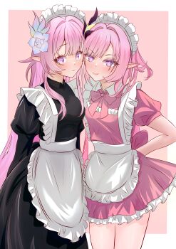 2girls absurdres apron black_dress border breasts commentary_request company_connection cyrene_(honkai:_star_rail) cyrene_(ripples_of_past_reverie)_(honkai:_star_rail) diamond-shaped_pupils diamond_(shape) dress elf elysia_(herrscher_of_human:_ego)_(honkai_impact) elysia_(honkai_impact) flower hair_flower hair_ornament highres honkai:_star_rail honkai_(series) honkai_impact_3rd inoue_marina long_hair looking_at_viewer luo_yi maid maid_apron maid_headdress medium_breasts multiple_girls pink_background pink_dress pink_hair pointy_ears purple_eyes smile symbol-shaped_pupils thighs very_long_hair voice_actor_connection white_apron white_border yanning