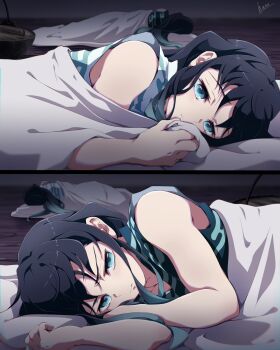 2boys aged_down angry aqua_eyes aqua_hair bare_shoulders bed_sheet black_hair blanket brothers child colored_tips cooking_pot facing_away frown futon hana_ni_nare hand_up highres indoors japanese_clothes kimetsu_no_yaiba kimono long_hair lying male_focus multicolored_hair multiple_boys night on_side pout sad sheet_grab siblings signature sleeveless sleeveless_kimono split_screen streaked_hair tokitou_muichirou tokitou_yuichirou twins under_covers upper_body wooden_floor