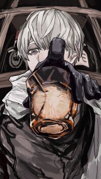 Rule 34 | 1boy, alcohol, axis powers hetalia, black gloves, bottle, brown coat, cabinet, coat, covered mouth, cup, drinking glass, gloves, hair between eyes, hand up, highres, holding, holding cup, ice, ice cube, indoors, kiguchi05, leather, leather gloves, long sleeves, looking at viewer, male focus, purple eyes, russia (hetalia), scarf, short hair, solo, upper body, whiskey, white hair, white scarf
