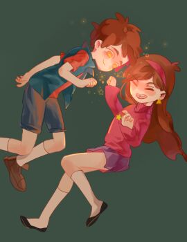 1boy 1girl aggg brother_and_sister brown_hair dipper dipper_pines gravity_falls hairband long_hair long_sleeves mabel_pines open_mouth orange_eyes shirt short_hair siblings smile sweater twins vest