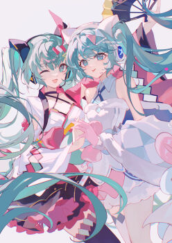 2girls absurdres aqua_bow aqua_bowtie aqua_eyes aqua_gloves aqua_hair armpits arms_up asymmetrical_legwear bell black_thighhighs bow bowtie breasts cherry_blossom_print commentary dress drum dual_persona floral_print fur-trimmed_dress fur-trimmed_gloves fur_trim gloves hatsune_miku highres instrument japanese_clothes kimono lixiang_guo_alice long_sleeves magical_mirai_(vocaloid) magical_mirai_miku magical_mirai_miku_(2020_summer) magical_mirai_miku_(2020_winter) medium_breasts mismatched_legwear multiple_girls official_alternate_costume official_alternate_hairstyle one_eye_closed open_mouth pink_bow pink_bowtie pink_gloves simple_background single_thighhigh smile speaker symbol-only_commentary thighhighs tongue tongue_out twintails vest vocaloid white_background white_kimono wide_sleeves yukata