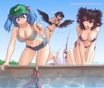 4girls alternate_hairstyle bait bare_arms bare_legs bare_shoulders bikini bikini_top_only black_eyes black_hair black_hat black_wings blue_eyes blue_hair breasts camera cleavage commentary_request covered_erect_nipples day double_bun duplicate english_text feathered_wings fishing fishing_rod flying green_hat hair_bobbles hair_bun hair_ornament halterneck hand_up hat hater_(hatater) highres himekaidou_hatate holding horizon inubashiri_momiji kawashiro_nitori kneeling large_breasts looking_to_the_side lying multiple_girls navel outdoors pointy_ears purple_bikini shameimaru_aya short_hair short_shorts shorts side-tie_bikini_bottom string_bikini summer swimsuit tail tan thighs tokin_hat touhou two_side_up v_arms water wings wolf_tail