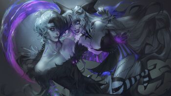 06svi 1boy 1girl :d absurdres alternate_costume aphelios bare_shoulders black_bow black_dress black_hair bow breasts colored_skin dress fright_night_(league_of_legends) fur_trim gradient_background grey_background grey_hair grey_skin hair_bow highres large_breasts league_of_legends long_hair looking_at_another multicolored_hair open_mouth pants pink_dress scar scar_on_arm scar_on_leg seraphine_(league_of_legends) short_dress short_hair smile stitches striped_clothes striped_pants teeth torn_clothes torn_dress two-tone_hair