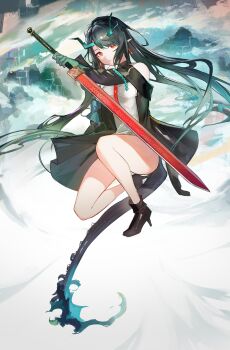 Rule 34 | 1girl, absurdres, arknights, bare shoulders, black hair, chinese commentary, colored skin, commentary request, dragon girl, dragon tail, dusk (arknights), earrings, eastern dragon tail, green hands, green horns, green skin, hair over one eye, highres, horns, jewelry, leiq, multicolored hair, pointy ears, red eyes, solo, streaked hair, tail, tassel, tassel earrings