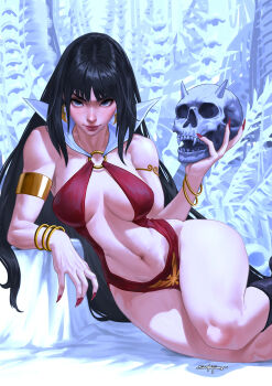 absurdres ankle_boots armlet bare_shoulders black_hair blue_eyes boots bracelet breasts cleavage collarbone earrings fingernails highres holding holding_skull jewelry large_breasts light_blush lipstick long_fingernails long_hair looking_at_viewer low_neckline lying makeup navel on_side red_lips red_nails santa_fung sidelocks skull snow thick_thighs thighs vampire vampirella vampirella_(character) wide_hips