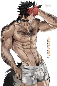 1boy abs absurdres animal_ears arm_hair armpit_hair black_choker black_hair boxers character_name chest_hair choker dog_boy hairy highres jewelry komano_manato krisska505745 male_focus male_underwear navel_hair necklace nipples pectorals pubic_hair red_hair scar scar_on_arm scar_on_chest simple_background solo sweat tail topless_male twitter_username underwear underwear_only veiny_crotch white_background white_male_underwear zenless_zone_zero