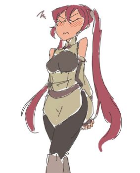 1girl arms_behind_back blush closed_eyes davewaterfalls fire_emblem fire_emblem_awakening nintendo red_hair severa_(fire_emblem) simple_background solo twintails