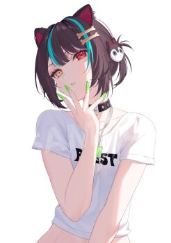 1girl animal_ear_piercing animal_ears animal_hair_ornament anti-eyebrow_piercing aqua_hair black_collar bone_hair_ornament breasts brown_hair clothes_writing collar collarbone dog_ears eyelashes eyeshadow face_piercing green_nails hair_ornament hand_up head_tilt heterochromia highres inui_toko jewelry looking_at_viewer makeup multicolored_hair multiple_necklaces nail_polish nijisanji official_alternate_costume official_art parted_lips pendant piercing pink_eyeshadow ponytail red_eyes sample_watermark shirt short_ponytail short_sleeves simple_background small_breasts solo song_name streaked_hair t-shirt two-tone_hair upper_body very_long_fingernails virtual_youtuber watermark white_background white_shirt yellow_eyes yuki_hare1130