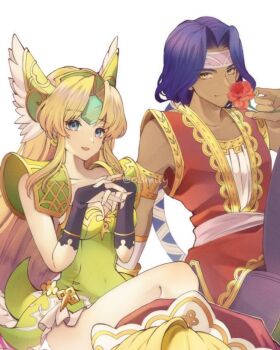 1boy 1girl armor bare_shoulders black_gloves black_pants blonde_hair blue_eyes blue_hair breasts bridal_gauntlets dress earrings flower forehead_jewel gem gloves gold_trim green_dress green_eyes green_gemstone hawkeye_(seiken_densetsu_3) headband helmet highres holding holding_flower jewelry long_hair low_ponytail medium_breasts mii_(03miiy) own_hands_clasped own_hands_together pants parted_bangs ponytail red_flower red_tunic riesz seiken_densetsu seiken_densetsu_3 shirt short_dress shoulder_armor sidelocks sitting tan tunic twitter_username white_background white_shirt winged_helmet yellow_eyes
