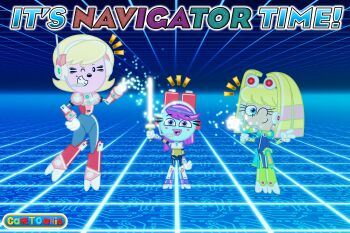 3girls abstract absurdres alia_(mega_man) blonde_hair blue_eyes chhitsombat colored_outlines cosplay crossover full_body grid_background hand_on_own_hip headset highres jann_starl layer_(mega_man) layer_(mega_man)_(cosplay) lina_(yin_yang_yo!) looking_at_viewer mega_man_(series) mega_man_x_(series) mega_man_x_dive multiple_girls pallette_(mega_man) pallette_(mega_man)_(cosplay) purple_eyes purple_hair the_fairly_oddparents wow!_wow!_wubbzy! yin_yang_yo!