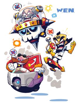 3boys absurdres bald beard black_eyes black_hair crash_bandicoot crash_bandicoot_(series) crossover dr._eggman dr._wily_(mega_man) energy_gun facial_hair flying grey_hair gun highres holding holding_gun holding_weapon hover_vehicle male_focus mega_man_(character) mega_man_(classic) mega_man_(series) multiple_boys multiple_crossover mustache neo_cortex open_hand rariatto_(ganguri) ray_gun science_fiction sonic_(series) sonic_the_hedgehog speech_bubble spoken_x sunglasses trait_connection v-shaped_eyebrows weapon