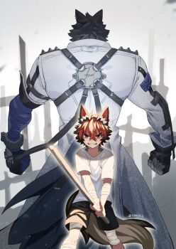 2boys aged_down ahoge angry animal_ear_fluff animal_ear_piercing animal_ears artist_name asymmetrical_sleeves back-to-back bandaged_arm bandaged_hand bandaged_leg bandages black_gloves black_hair black_ribbon black_shorts child clenched_hands clenched_teeth collared_jacket crossed_bangs dog_boy dog_ears dog_tail dual_persona ear_piercing facing_away fingerless_gloves gloves hair_between_eyes hashtag-only_commentary highres holding holding_stick jacket komano_manato komano_manato_(white_heart_silhouette) long_sleeves looking_at_viewer male_focus multicolored_hair multiple_boys piercing red_eyes red_hair ribbon scratched shirt short_hair short_sleeves shorts standing stick t-shirt tail teeth tetsu_(teppei) twitter_username two-tone_hair uneven_sleeves v-shaped_eyebrows white_jacket white_shirt zenless_zone_zero