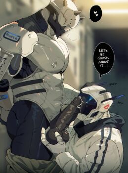 2boys bara clothes_pull cowboy_shot cum cum_on_body english_text facial from_side gomihebi hand_on_another&#039;s_head highres humanoid_robot large_pectorals loving_aura male_focus multiple_boys muscular muscular_male original pants pants_pull pectorals penis_on_face profile robot robot_penis speech_bubble standing testicle_grab yaoi