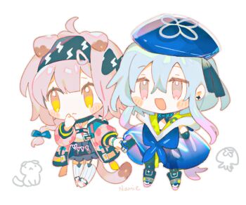 Rule 34 | 1boy, 1girl, :<, :d, ahoge, animal ears, arknights, artist name, black bow, black footwear, black hairband, black skirt, blue bow, blue cape, blue hair, blue headwear, blue neckerchief, blush stickers, boots, bow, bracelet, braid, cape, cat, cat ears, cat girl, cat tail, chibi, closed mouth, coat, collar, garter straps, goldenglow (arknights), gradient hair, hair between eyes, hair bow, hairband, hand on own face, hat, holding hands, infection monitor (arknights), jellyfish, jewelry, lightning bolt print, long hair, long sleeves, mizuki (arknights), multicolored hair, namie-kun, neckerchief, open clothes, open coat, open mouth, pink coat, pink hair, purple eyes, scissors, side braid, simple background, skirt, smile, tail, thighhighs, very long hair, white background, white thighhighs, yellow eyes