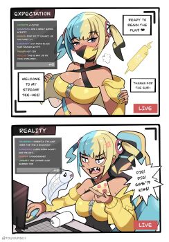 1girl anger_vein aqua_hair bandeau bare_shoulders black_choker black_mask blonde_hair blush breasts canari_(pokemon) chair choker cleavage computer computer_mouse criss-cross_halter crop_top english_text expectation_vs._reality food gaming_chair gen_4_pokemon gen_5_pokemon hair_ornament halterneck highres holding holding_food holding_pizza jacket large_breasts livestream mask midriff mouth_mask multicolored_hair navel nintendo open_clothes open_jacket open_mouth pizza pizza_slice pokemon pokemon_(creature) pokemon_legends:_z-a profanity rotom rotom_phone sharp_teeth short_twintails sitting split-color_hair spread_legs stomach swivel_chair teeth touyarokii twintails two-tone_hair two-tone_mask tynamo yellow_bandeau yellow_jacket yellow_mask