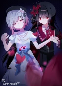 2girls beret black_hair black_hat black_shirt black_skirt blurry blurry_foreground bug butterfly chinese_commentary commentary_request dress flower gradient_hair hair_flower hair_ornament hat holding_hands insect long_hair long_sleeves looking_at_viewer mahou_shoujo_no_majo_saiban multicolored_hair multiple_girls necktie nikaido_hiro official_alternate_costume open_mouth pink_eyes pleated_skirt puffy_short_sleeves puffy_sleeves red_butterfly red_eyes red_flower red_necktie sakuraba_ema shirt short_hair short_sleeves skirt smile spoilers standing superneneko white_dress white_flower white_hair x_hair_ornament