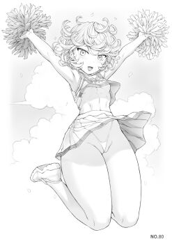 1girl blush breasts cheerleader cleft_of_venus clothes_lift collarbone curly_hair greyscale groin highleg highleg_panties highres jumping looking_at_viewer mogudan monochrome navel one-punch_man open_mouth panties partially_visible_vulva pom_pom_(cheerleading) pussy pussy_peek short_hair skirt skirt_lift small_breasts smile stomach tatsumaki thick_thighs thighs thong underboob underwear wide_hips