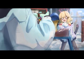 2girls :d absurdres animal_ear_headphones animal_ears black_pantyhose blonde_hair blue_archive blue_gloves blue_jacket cat_ear_headphones cat_ears cat_tail chain-link_fence commentary_request container fake_animal_ears fake_tail fence gloves headphones highres holding holding_tablet_pc jacket letterboxed long_hair midori_(blue_archive) midori_(winter)_(blue_archive) minibi_(minibeat) momoi_(blue_archive) momoi_(winter)_(blue_archive) multiple_girls o_o open_mouth outdoors pantyhose pouring purple_jacket smile snow tablet_pc tail teeth twintails upper_teeth_only winter youtube