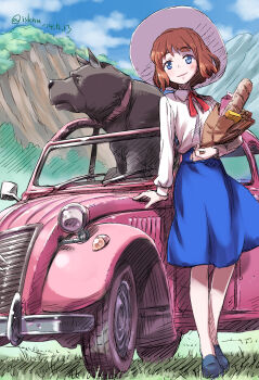 1girl bag blue_eyes brown_hair car castle_of_cagliostro clarisse_de_cagliostro dog grocery_bag hat highres isedaichi_ken long_hair lupin_iii motor_vehicle shopping_bag sun_hat