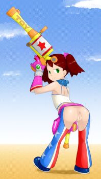 1girl absurdres alternate_costume anus ass bent_over breasts brown_hair camisole come_hither gloves green_eyes gun half-closed_eyes highres legs looking_at_viewer looking_back naughty_face pants pussy saru_getchu sayaka_(saru_getchu) seductive_smile sideboob smile solo sony thighs twintails weapon