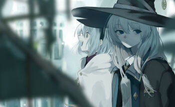 2girls amnesia_(majo_no_tabitabi) ateri_illust black_hat black_robe blush elaina_(majo_no_tabitabi) grey_hair hair_between_eyes hat highres hooded_robe long_hair looking_at_viewer majo_no_tabitabi multiple_girls open_clothes open_mouth open_robe robe shirt sidesaddle smile white_hair white_shirt witch witch_hat