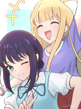 Rule 34 | 2girls, ^ ^, absurdres, ahoge, black hair, blonde hair, blue vest, border, bracelet, breasts, cho kaguya-hime!, cleavage, closed eyes, commentary request, grey hair, hair bun, highres, jewelry, kaguya (cho kaguya-hime!), l library, long hair, multiple girls, neck ribbon, open mouth, outside border, ribbon, sakayori iroha, shirt, short hair, short sleeves, sidelocks, single hair bun, v, vest, white border, white shirt