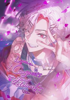 absurdres bikkusama black_tank_top chain facial_tattoo fang first_stage_production highres jacket liron_lockheart one_eye_closed pink_eyes tank_top tattoo v virtual_youtuber white_jacket