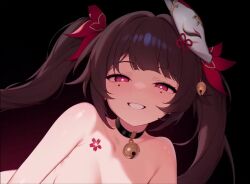 1boy 1girl animated bell black_background blush bouncing_breasts breast_tattoo breasts censored collar collarbone completely_nude cowgirl_position dark-skinned_male dark_skin eyebrows eyebrows_hidden_by_hair flower_tattoo fox_mask girl_on_top hetero honkai:_star_rail honkai_(series) large_variant_set live2d long_hair looking_at_viewer lying mask medium_breasts moaning mosaic_censoring navel nipples nude on_back open_mouth penis pink_eyes pov pov_crotch red_hair sex sound sparkle_(honkai:_star_rail) straddling sweetsmilensfw tagme tattoo topu twintails vaginal variant_set video